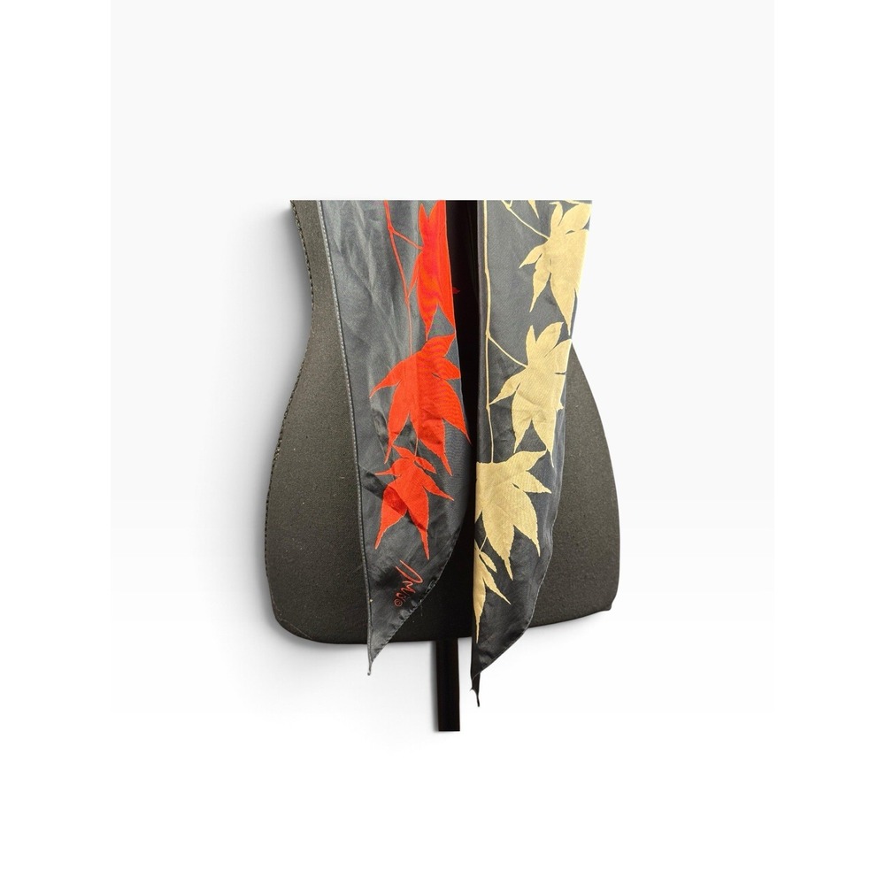 Vera Neumann Vintage Silk Scarf Gray Red Tan Maple Leaf Botanical Print - Picture 4 of 15